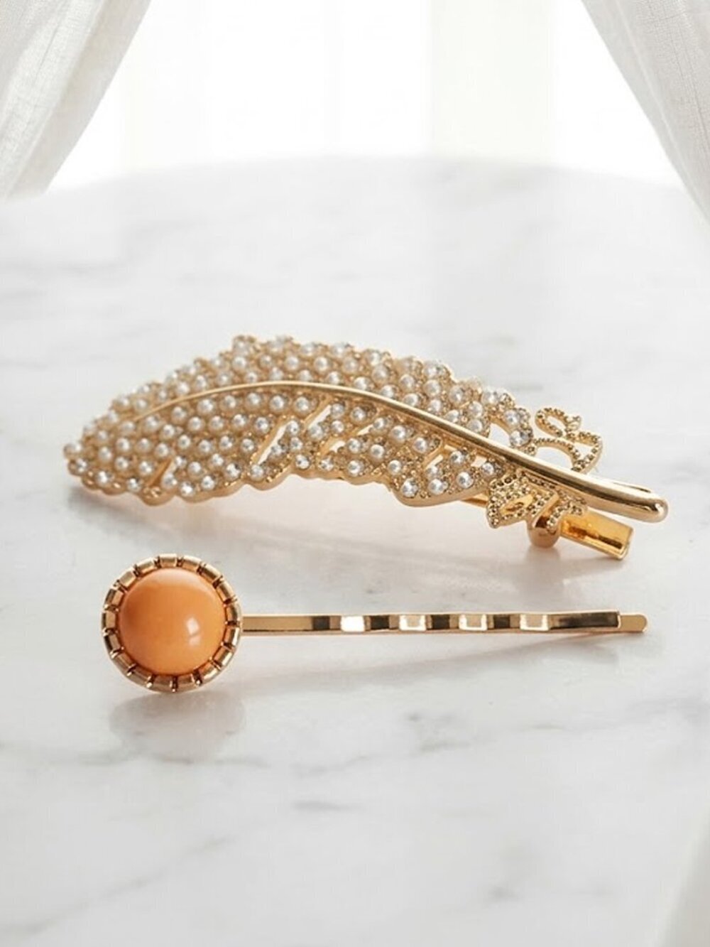 Ladies 2 Piece Flower Hair Accessories - Orange Round Bobby Pin